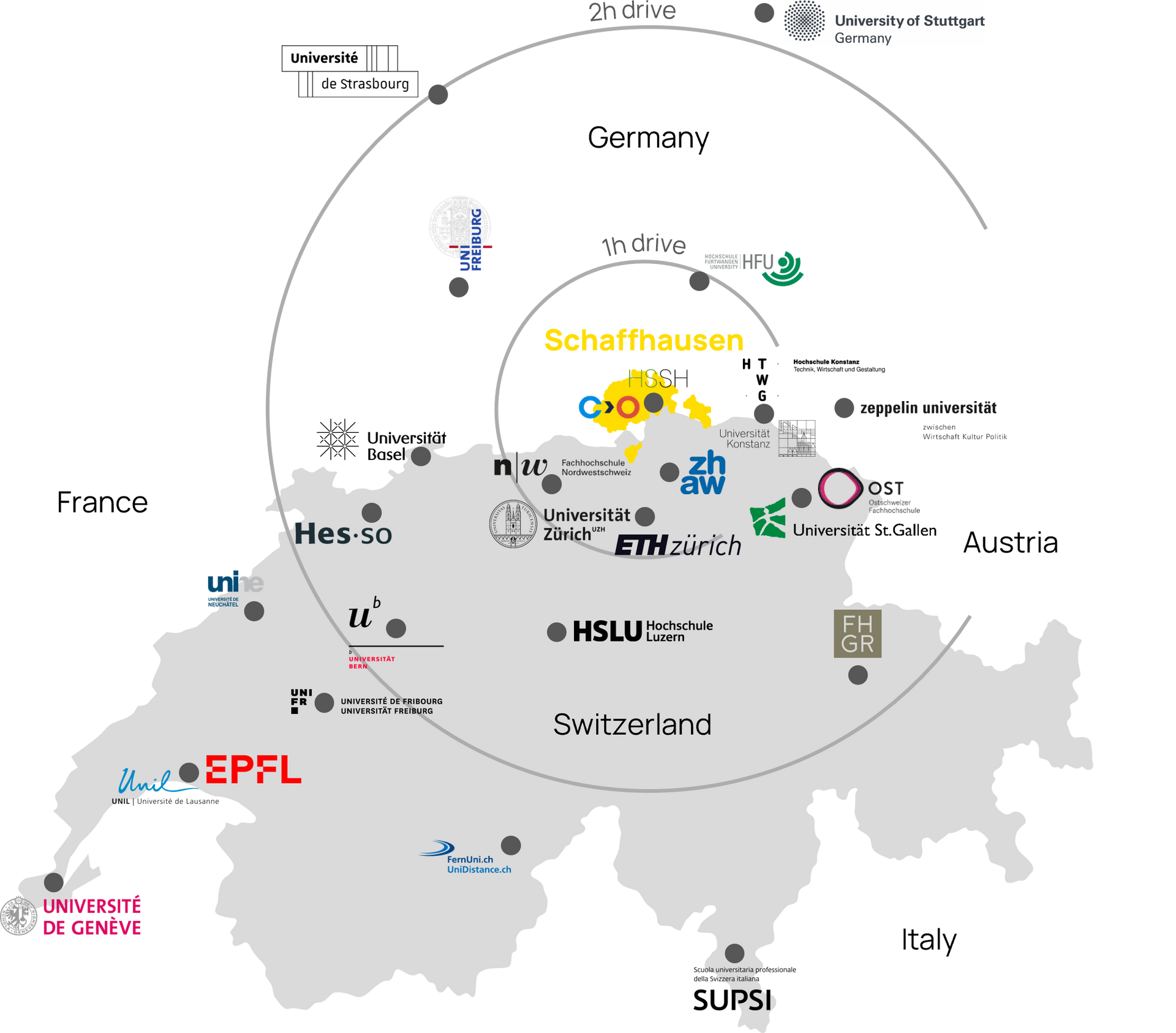 A map of switzerland with that shows universities around Schaffhausen.